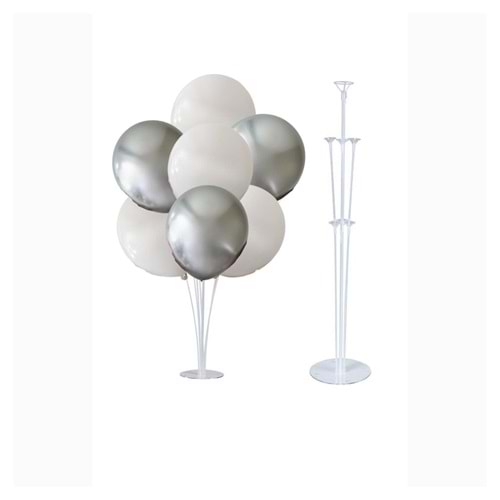 10 lu Beyaz-Krom Gümüş Balonlu Stand Set + 1 Adet Balon Standı