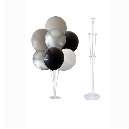 10 lu Beyaz-Krom Gümüş-Siyah-Duman-Pastel Gri Balonlu Stand Set + 1 Adet Balon Standı