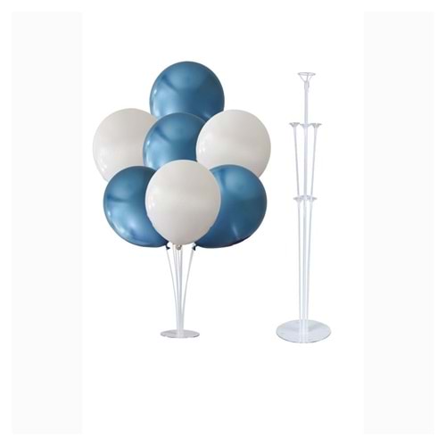 10 lu Beyaz-Krom Mavi Balonlu Stand Set + 1 Adet Balon Standı