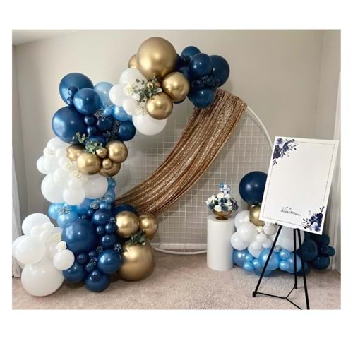 Zincir Balon Seti Gece Mavisi-Metalik Açık Mavi-Beyaz-Krom Gold 4 Renk 60 Adet +Balon Şeridi