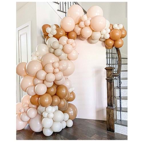 Zincir Balon Seti Karamel-Retro Beyaz-Makaron Somon 3 Renk 100 Adet +Balon Şeridi