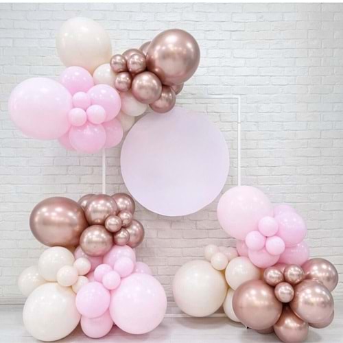 Zincir Balon Seti Krom Rose Gold-Açık Pembe-Retro Beyaz 3 Renk 100 Adet +Balon Şeridi