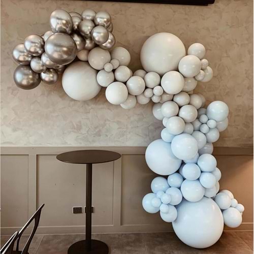 Zincir Balon Seti Krom Gümüş-Duman-Makaron Mavi 3 Renk 100 Adet +Balon Şeridi