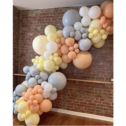 Zincir Balon Seti Makaron Somon-Makaron Sarı-Beyaz-Gri 4 Renk 60 Adet + Balon Şeridi