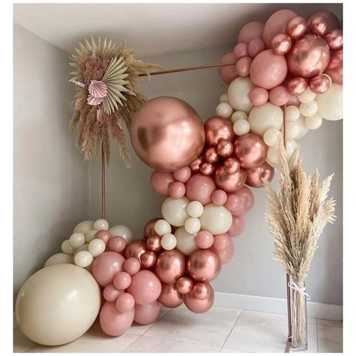 Zincir Balon Seti Retro Beyaz-Retro Pembe-Krom Rose Gold 3 Renk 60 Adet + Balon Şeridi