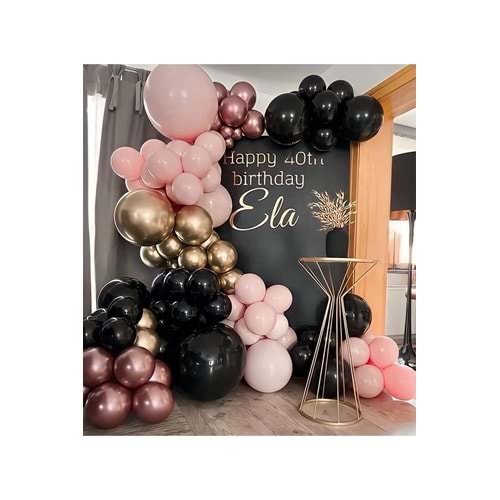 Zincir Balon Seti Siyah-Krom Gold-Pudra Pembe-Krom Rose Gold 4 Renk 100 Adet+Balon Şeridi