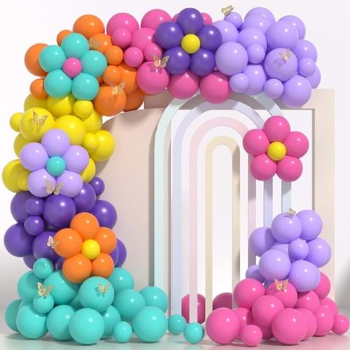 Zincir Balon Seti Turkuaz-Mor-Sarı-Turuncu-Fuşya-Lila 6 Renk 60 Adet+Balon Şeridi
