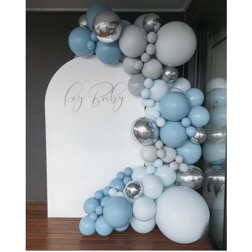 Zincir Balon Seti Fırtına Mavi-Pastel Gri-Makaron Mavi-Krom Gümüş 4 Renk 60 Adet +Balon Şeridi