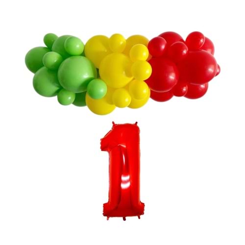 Mini Zincir Balon Seti Açık Yeşil-Sarı-Kırmızı-1 34 inç Kırmızı Folyo Balon 30 Adet +Balon Şeridi