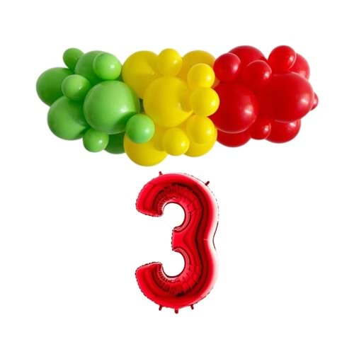 Mini Zincir Balon Seti Açık Yeşil-Sarı-Kırmızı-3 34 inç Kırmızı Folyo Balon 30 Adet +Balon Şeridi