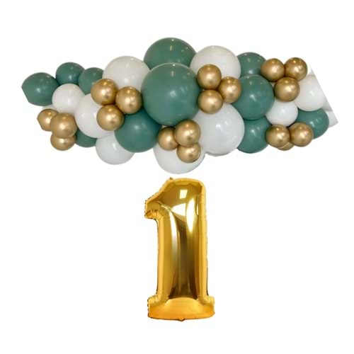 Mini Zincir Balon Seti Ada Çayı-Beyaz-Krom Gold+1 34inç Gold Folyo 30 Adet +Balon Şeridi