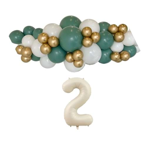 Mini Zincir Balon Seti Ada Çayı-Beyaz-Krom Gold+2 34inç Krem Folyo 30 Adet +Balon Şeridi