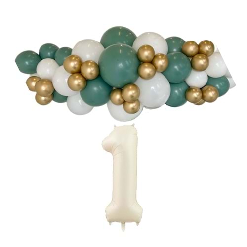 Mini Zincir Balon Seti Ada Çayı-Beyaz-Krom Gold+1 34inç Krem Folyo 30 Adet +Balon Şeridi