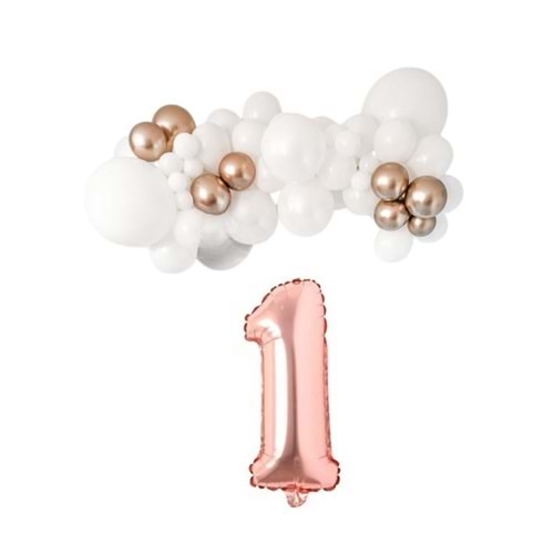 Mini Zincir Balon Seti Beyaz-Krom Rose Gold+1 34inç Rose Gold Folyo 30 Adet +Balon Şeridi
