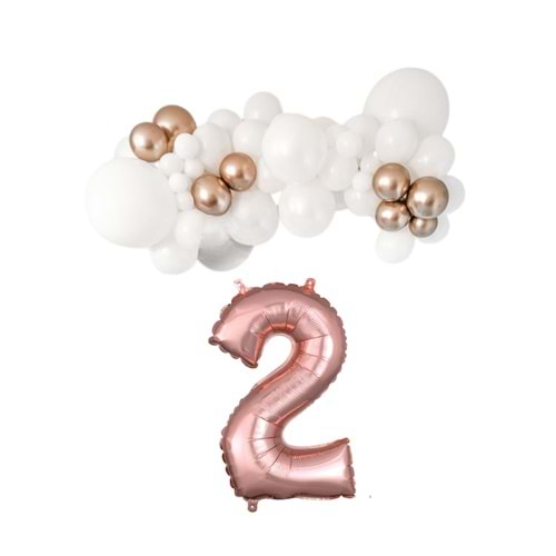 Mini Zincir Balon Seti Beyaz-Krom Rose Gold+2 34inç Rose Gold Folyo 30 Adet +Balon Şeridi