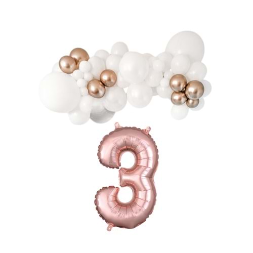 Mini Zincir Balon Seti Beyaz-Krom Rose Gold+3 34inç Rose Gold Folyo 30 Adet +Balon Şeridi