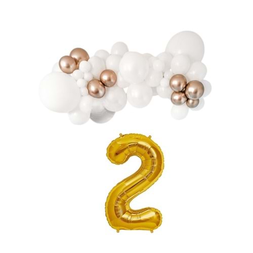 Mini Zincir Balon Seti Beyaz-Krom Rose Gold+2 34inç Gold Folyo 30 Adet +Balon Şeridi