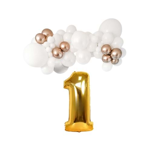 Mini Zincir Balon Seti Beyaz-Krom Rose Gold+1 34inç Gold Folyo 30 Adet +Balon Şeridi