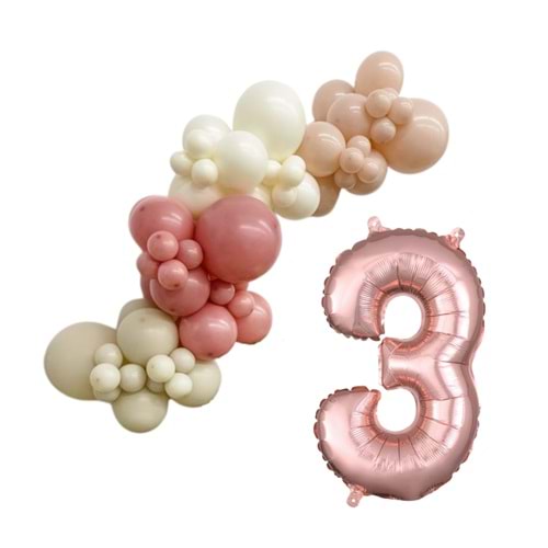 MiniZincirBalonSeti DenizKumu-ÇölKumu-R.Pembe-R.Beyaz+3 34inç Rose FolyoBalon 30Adet+BalonŞeridi