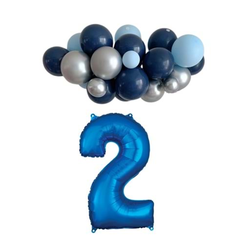 Mini Zincir Balon Seti Gece Mavisi-Krom Gümüş-Açık Mavi+2 34inç Mavi Folyo 30 Adet +Balon Şeridi
