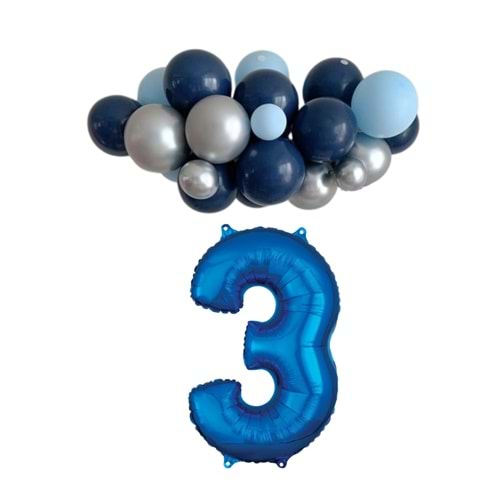 Mini Zincir Balon Seti Gece Mavisi-Krom Gümüş-Açık Mavi+3 34inç Mavi Folyo 30 Adet +Balon Şeridi