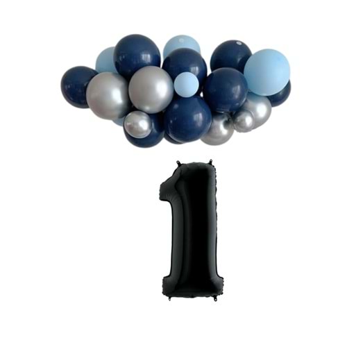 Mini Zincir Balon Seti Gece Mavisi-Krom Gümüş-Açık Mavi+1 34inç Siyah Folyo 30 Adet +Balon Şeridi