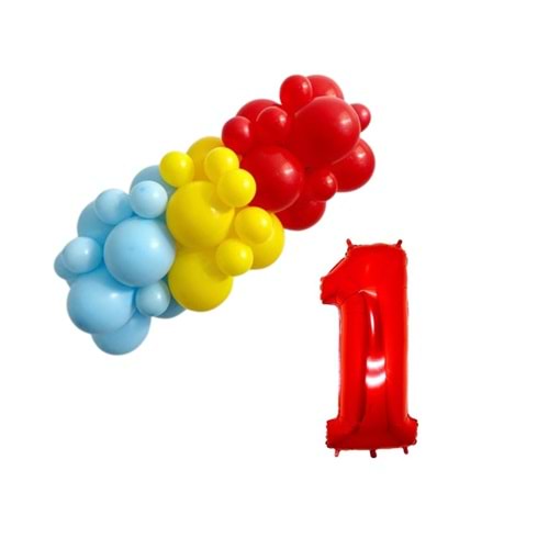 Mini Zincir Balon Seti Sarı-Açık Mavi-Kırmızı+1 34 inç Kırmızı Folyo Balon 30 Adet +Balon Şeridi