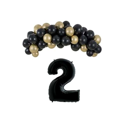 Mini Zincir Balon Seti Siyah-Krom gold+2 34inç Siyah Folyo 30 Adet +Balon Şeridi