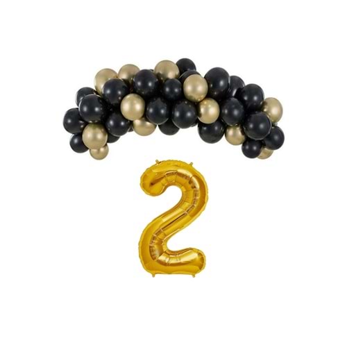 Mini Zincir Balon Seti Siyah-Krom gold+2 34inç Gold Folyo 30 Adet +Balon Şeridi