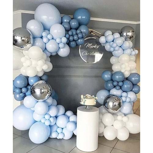 Zincir Balon Seti Beyaz-Makaron Mavi-Derin Okyanus 3 Renk 60 Adet + Balon Şeridi