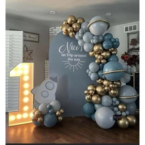 Zincir Balon Seti Krom Gold-Derin Okyanus-Fırtına Mavisi 3 Renk 100 Adet +Balon Şeridi