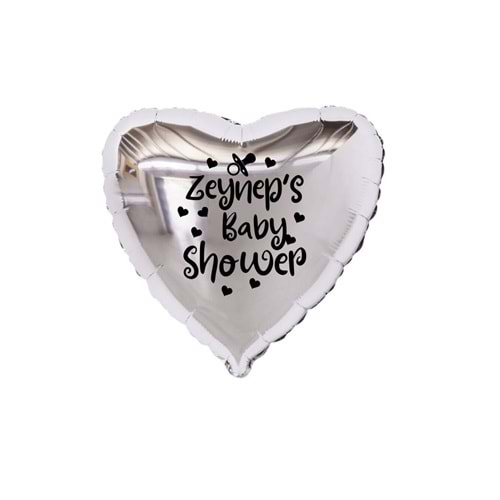 18 inç Gümüş Renk Kişiye Özel Baby Showers Yazılı Emzik-Kalp Figürlü Kalp Folyo Balon