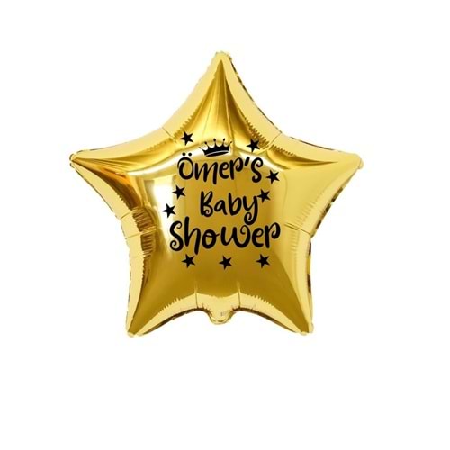 18 inç Gold Renk Kişiye Özel Baby Showers Yazılı Yıldız-Taç Figürlü Yıldız Folyo Balon