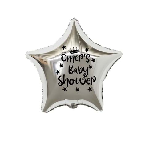 18 inç Gümüş Renk Kişiye Özel Baby Showers Yazılı Yıldız-Taç Figürlü Yıldız Folyo Balon