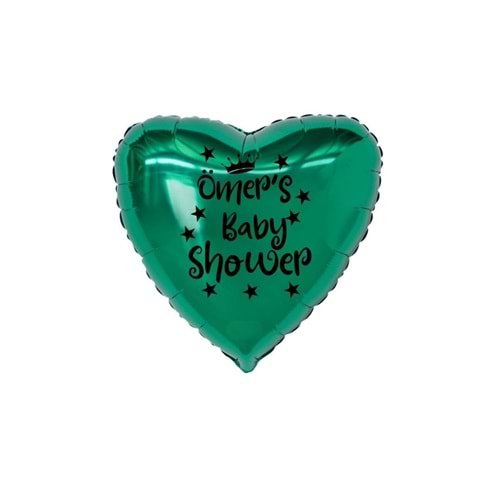 18 inç Yeşil Renk Kişiye Özel Baby Showers Yazılı Yıldız-Taç Figürlü Kalp Folyo Balon