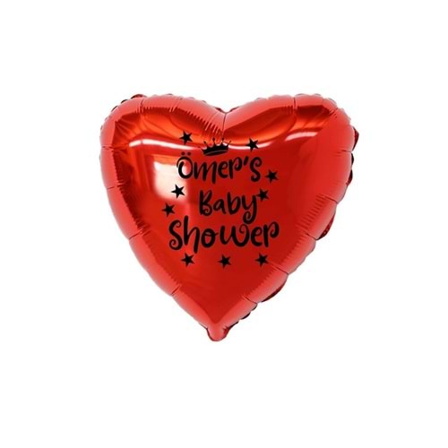 18 inç Kırmızı Renk Kişiye Özel Baby Showers Yazılı Yıldız-Taç Figürlü Kalp Folyo Balon