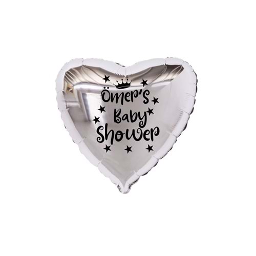 18 inç Gümüş Renk Kişiye Özel Baby Showers Yazılı Yıldız-Taç Figürlü Kalp Folyo Balon