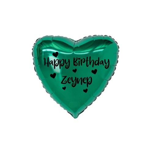 18 inç Yeşil Renk Kişiye Özel Happy Birthday Yazılı Kalp Figürlü Kalp Folyo Balon