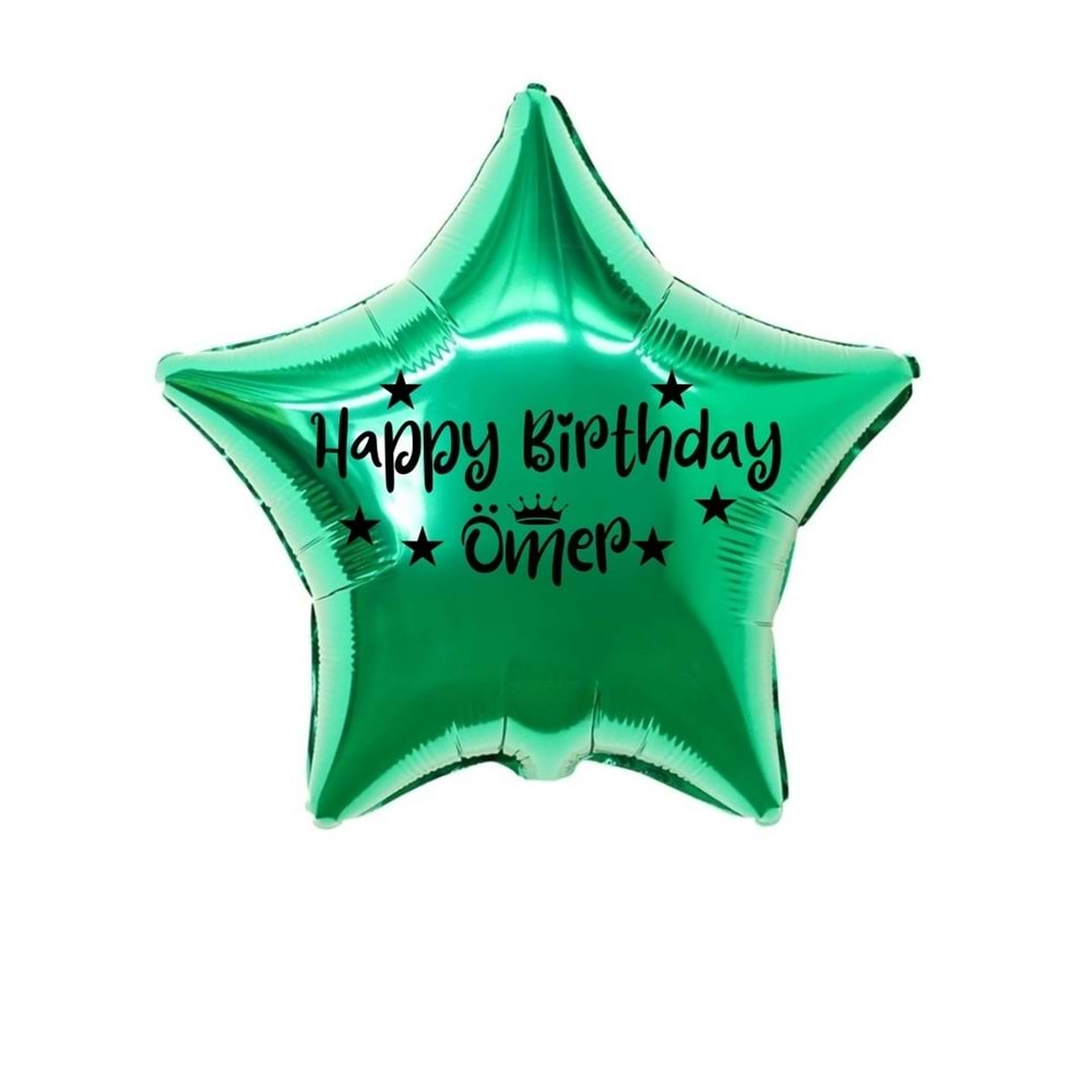 18 inç Yeşil Renk Kişiye Özel Happy Birthday Yazılı Yıldız-Taç Figürlü Yıldız Folyo Balon