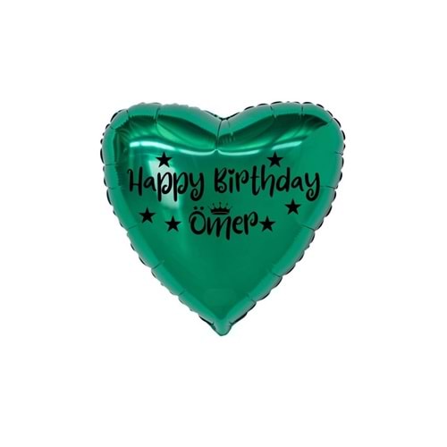 18 inç Yeşil Renk Kişiye Özel Happy Birthday Yazılı Yıldız-Taç Figürlü Kalp Folyo Balon
