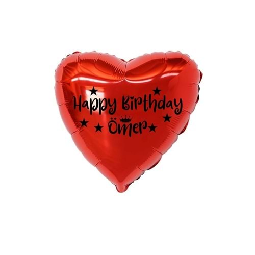 18 inç Kırmızı Renk Kişiye Özel Happy Birthday Yazılı Yıldız-Taç Figürlü Kalp Folyo Balon
