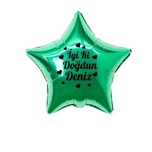 18 inç Yeşil Renk Kişiye Özel İyi ki Doğdun Yazılı Kalp Figürlü Yıldız Folyo Balon