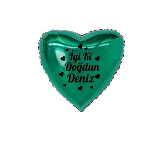 18 inç Yeşil Renk Kişiye Özel İyi ki Doğdun Yazılı Kalp Figürlü Kalp Folyo Balon