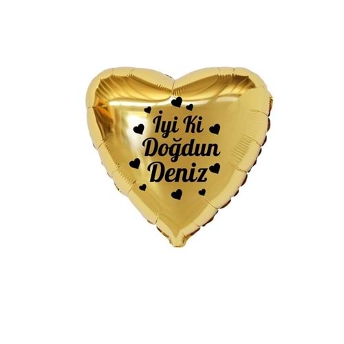 18 inç Gold Renk Kişiye Özel İyi ki Doğdun Yazılı Kalp Figürlü Kalp Folyo Balon