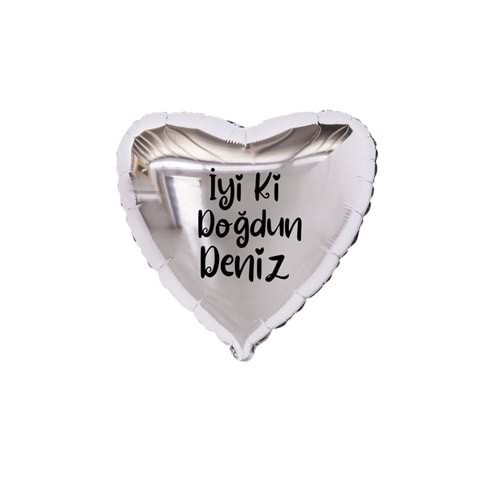 18 inç Gümüş Renk Kişiye Özel İyi ki Doğdun Yazılı Kalp Folyo Balon
