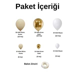 Zincir Balon Seti Krom Gold-Kum Rengi-Beyaz 3 Renk 100 Adet +Balon Şeridi