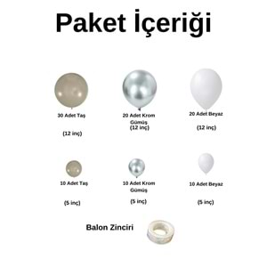 Zincir Balon Seti Krom Gümüş-Taş Rengi-Pastel Beyaz 3 Renk 100 Adet +Balon Şeridi