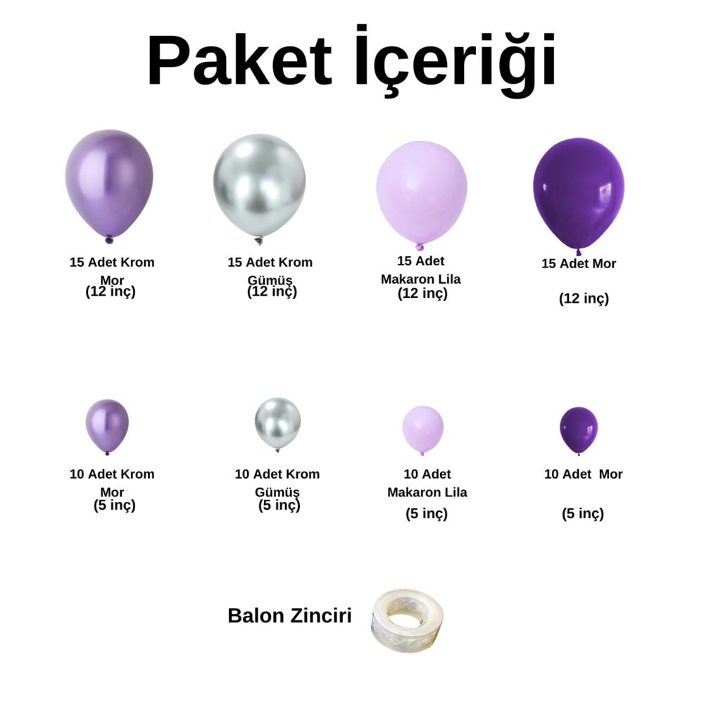 Zincir Balon Seti Krom Mor-Krom Gümüş-Makaron Lila-Mor 4 Renk 100 Adet +Balon Şeridi