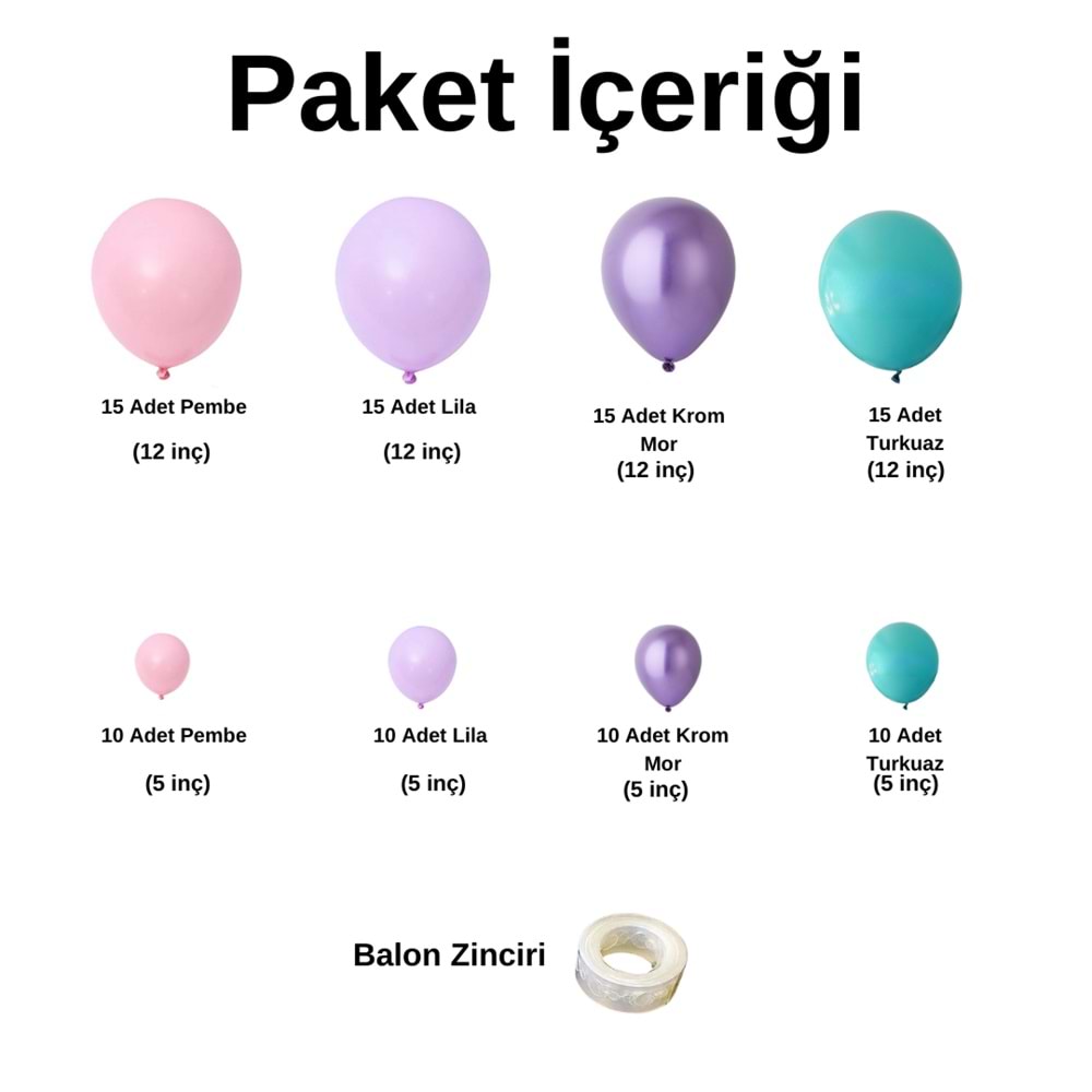 Zincir Balon Seti Pembe-Lila-Turkuaz-Krom Mor 4 Renk 100 Adet +Balon Şeridi