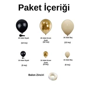Zincir Balon Seti Siyah-Bej-Krom Gold 3 Renk 100 Adet + Balon Şeridi